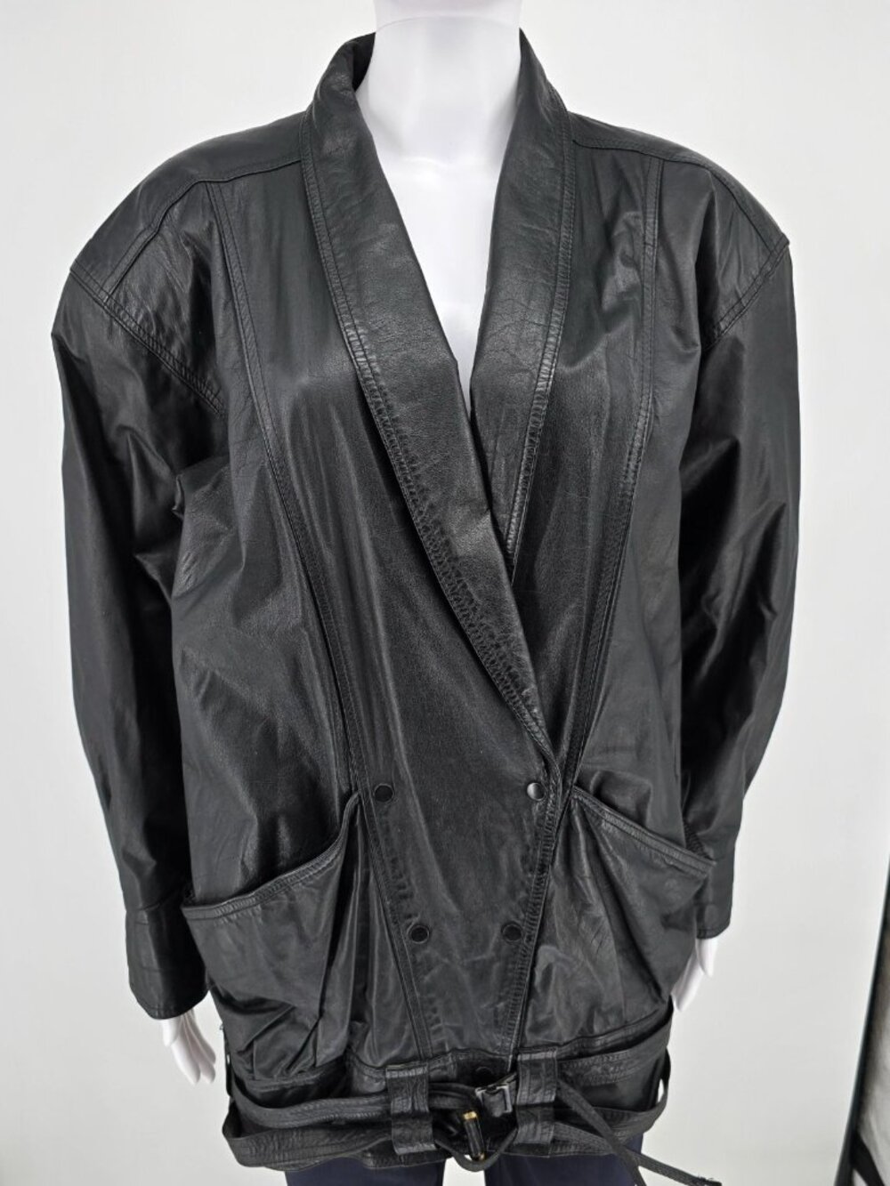 Vintage 1980s G-III Leather Fashions Black Oversized Shawl Collar Jacket (S)
